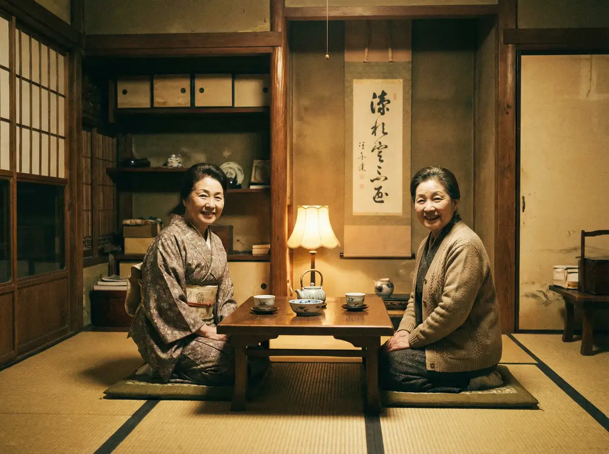 两位优雅的 今日大赛 在日式茶室中品茶交谈